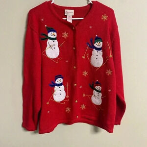 Crystal Kobe Christmas Sweater Snowman Skiing Button Cardigan Holiday Medium